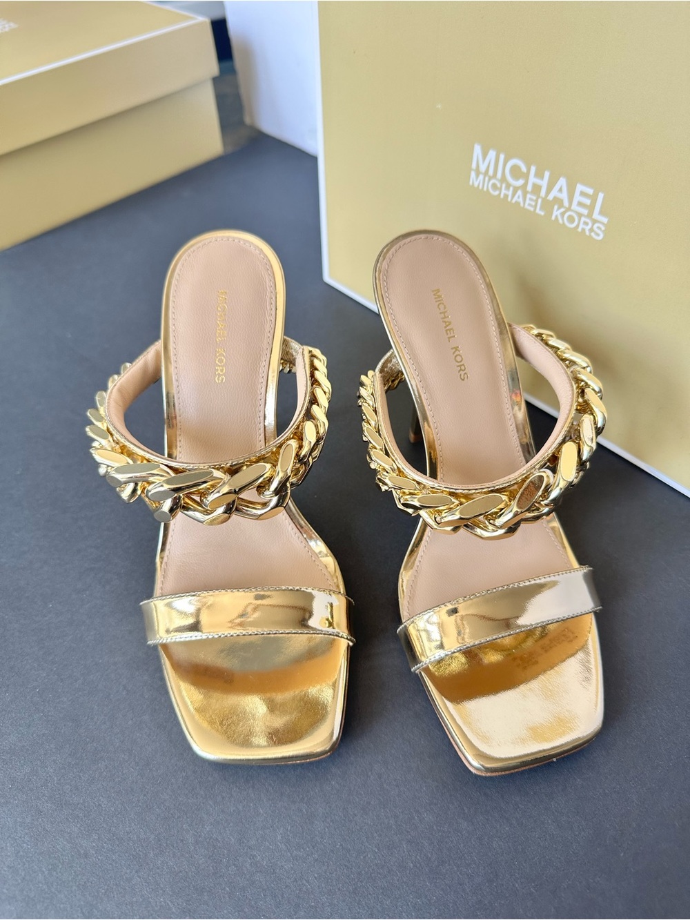Michael Kors Metallic Gold Chain Strap High Heel Mules.  NEW WITH BOX - Picture 6 of 15